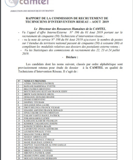 3002 in 1 camtel loprateur historique des tlcoms au cameroun na pas publi une liste provisoire des employs pour tude de dossier sya