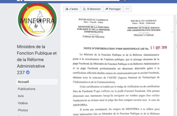 4741 in le ministre camerounais de la fonction publique dispose dsormais dune page facebook certifie sya