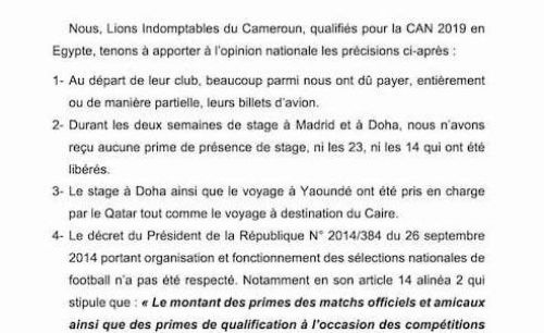 Oui, cette lettre attribuée aux Lions indomptables du Cameroun est authentique